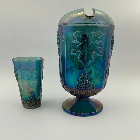 Vintage Blue Indiana Glass Grape Harvest Carnival Pitcher and Drinking Glass - Picture 7 of 8
